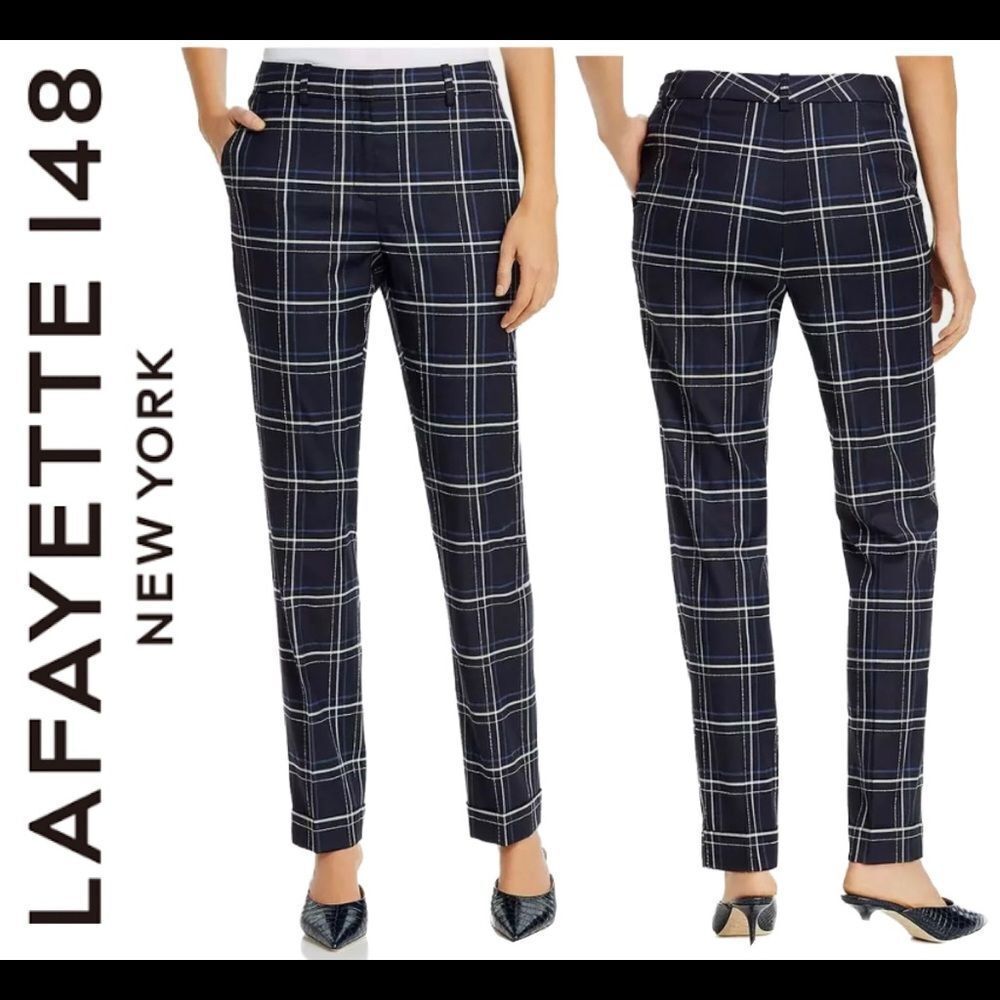 Lafayette 148 NWOT New York Navy Clinton Plaid check Straight Leg Dress Pants 8